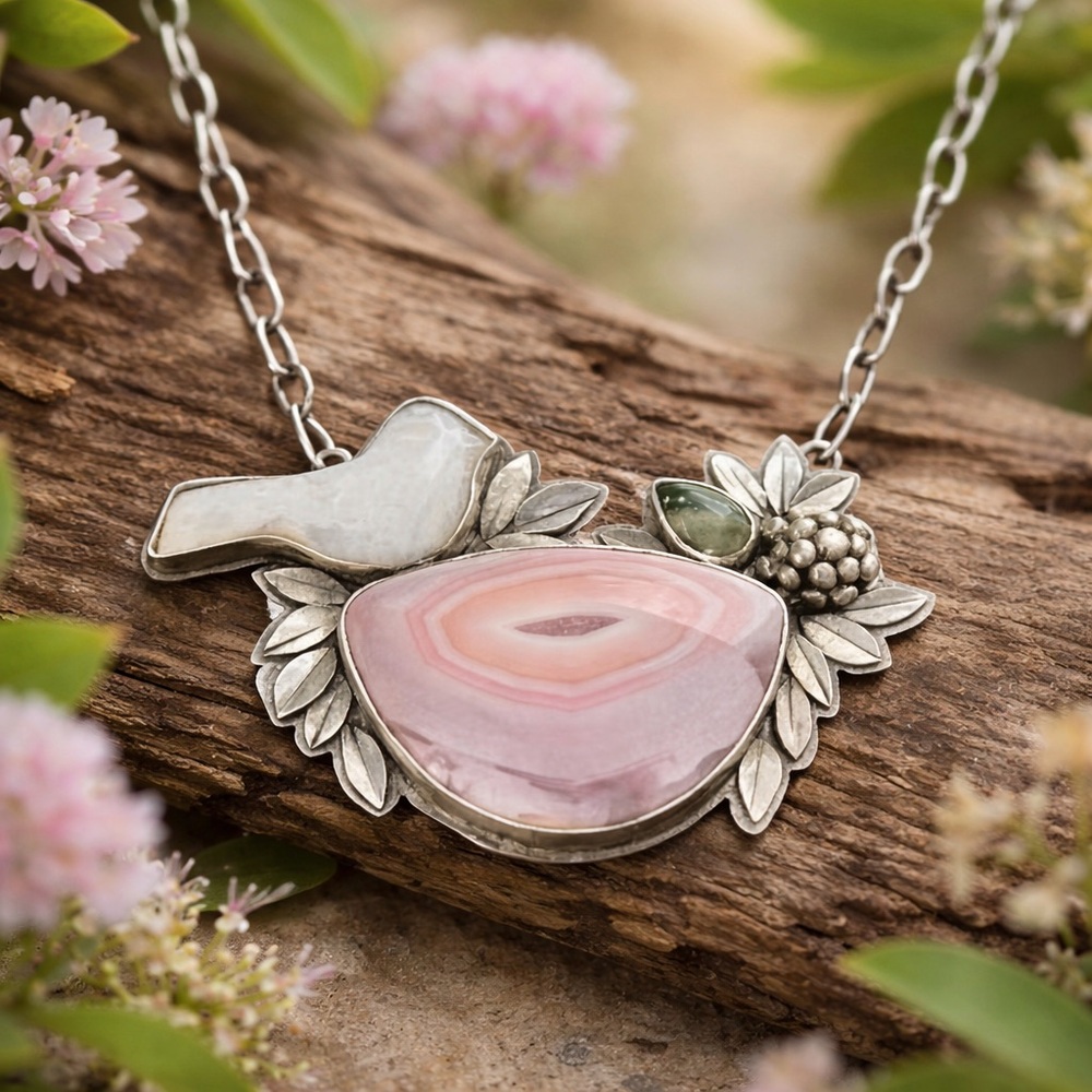 Silver Tone Beautiful Vintage Style Bird Necklace with Pink Stone